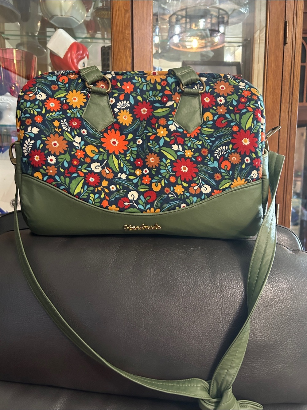 Handmade Floral Shoulder Bag – Olive Green & Navy Multicolor Boho Purse - Picture 13 of 14